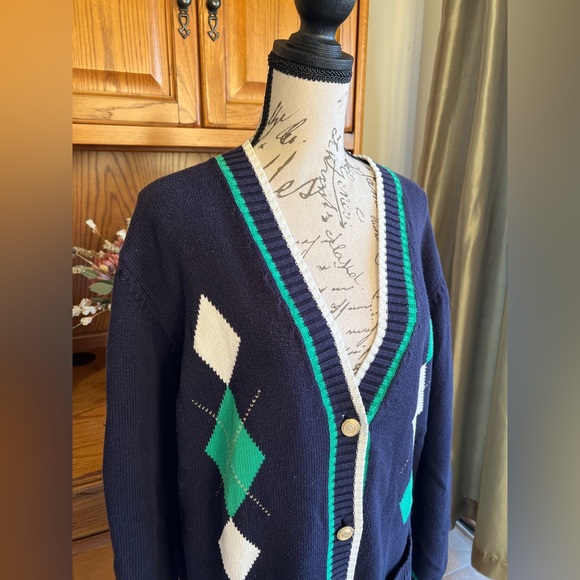 Marks & Spencer Preppy Varsity Vintage Cardigan with Argyle Pattern 100% Cotton - Picture 2 of 10